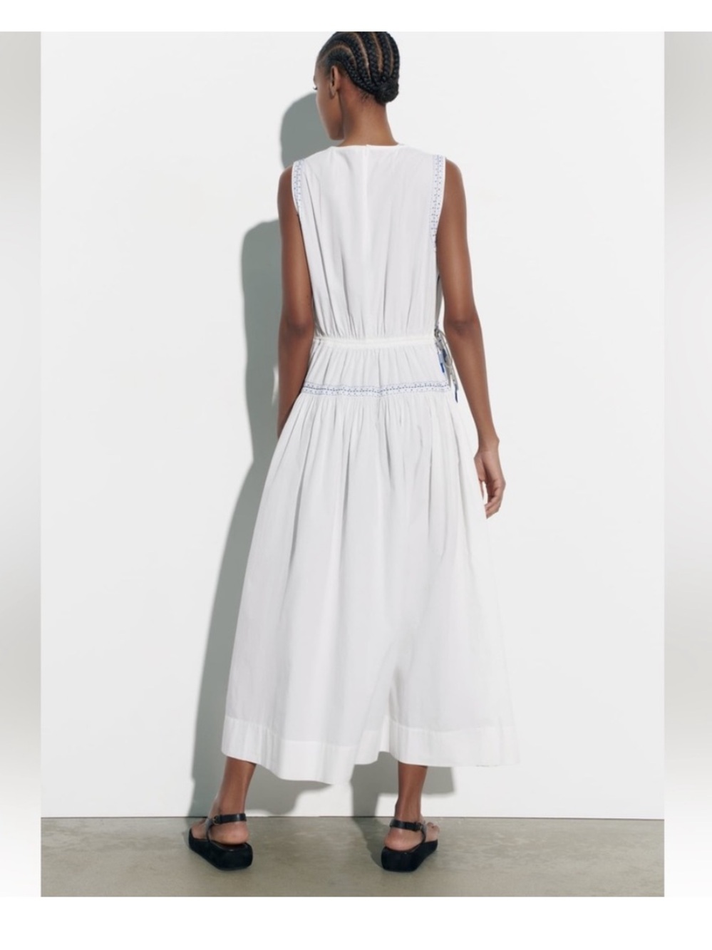 Zara Embroidered Midi Maxi Dress White Blue Cotton Embellished Boho S Small - Picture 9 of 15